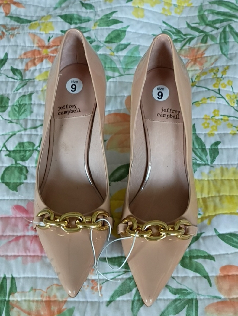 Jeffrey Campbell Nude Patent Pointed-Toe Pumps with Gold Chain Accent